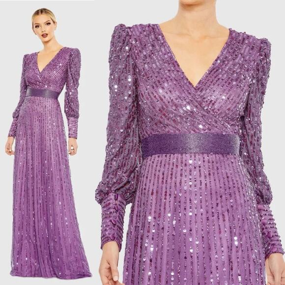 MAC DUGGAL Purple Sequin Wrap Over Bishop Sleeve Gown size 18 NWT - Picture 7 of 7